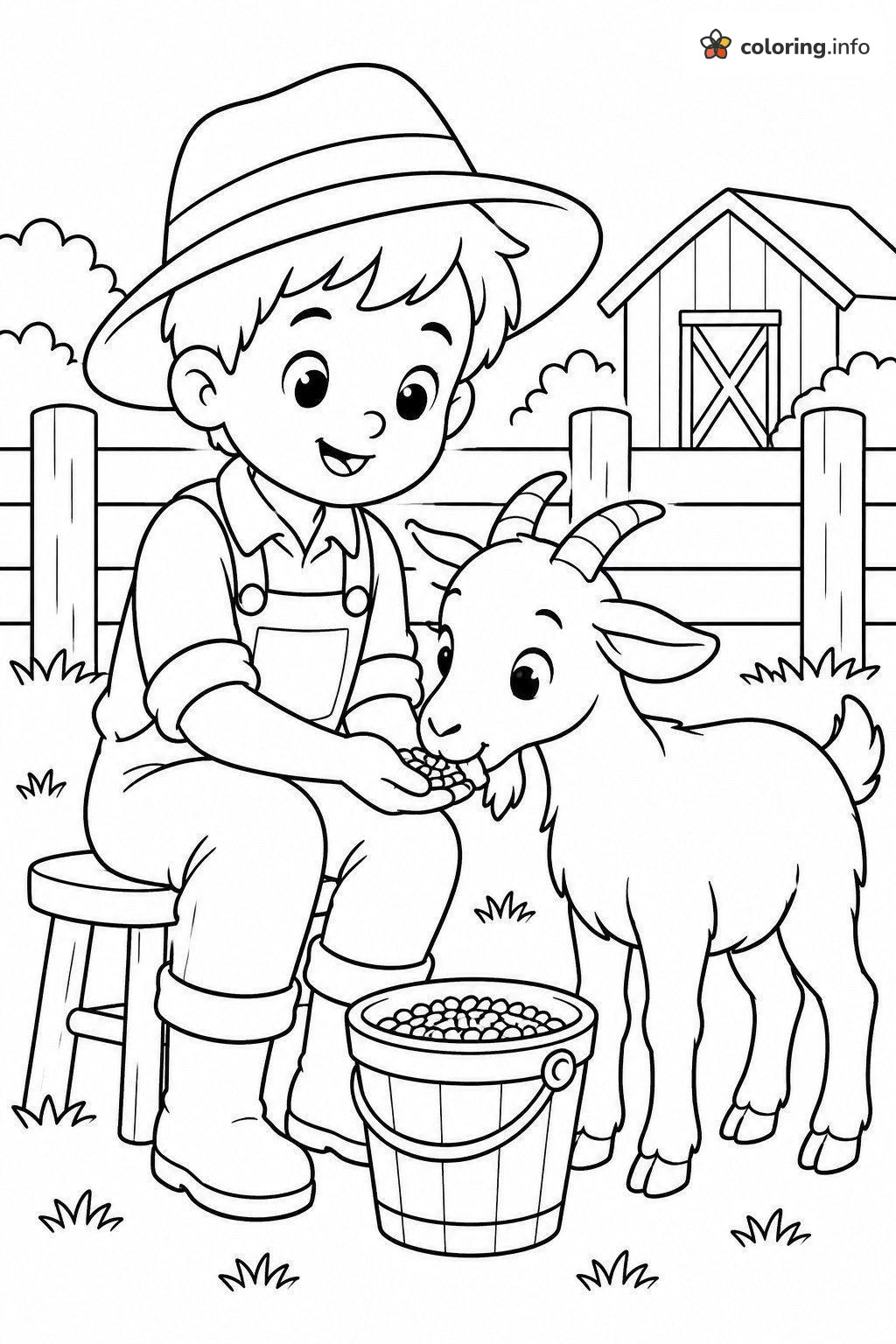 Farm Boy Hand-Feeding a Goat from a Stool coloring page Farm Boy Hand-Feeding a Goat from a Stool coloring page