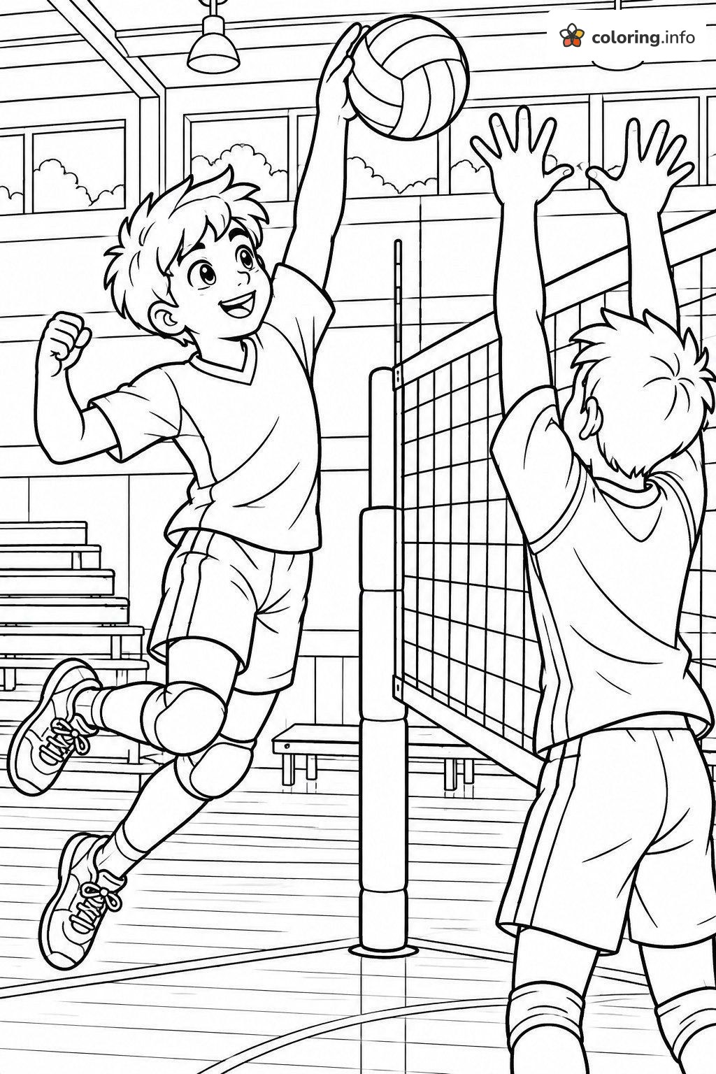 Boy Soaring for a Volleyball Spike at the Gym Net printable coloring page Boy Soaring for a Volleyball Spike at the Gym Net printable coloring page
