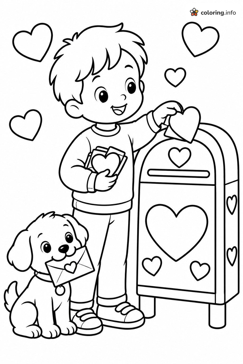 Valentine Calendar Page: Boy and Puppy Mailing Hearts coloring page Valentine Calendar Page: Boy and Puppy Mailing Hearts coloring page