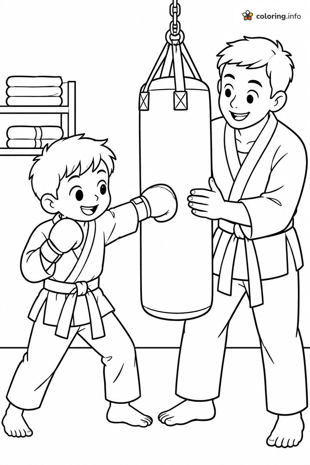 Heavy Bag Punch With Coach, Martial Arts Class coloring page Heavy Bag Punch With Coach, Martial Arts Class coloring page