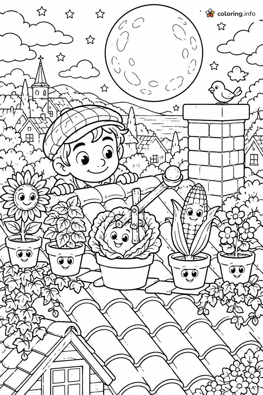 Rooftop Potted Plants Under a Big Moon, Plants vs. Zombies coloring page Rooftop Potted Plants Under a Big Moon, Plants vs. Zombies coloring page