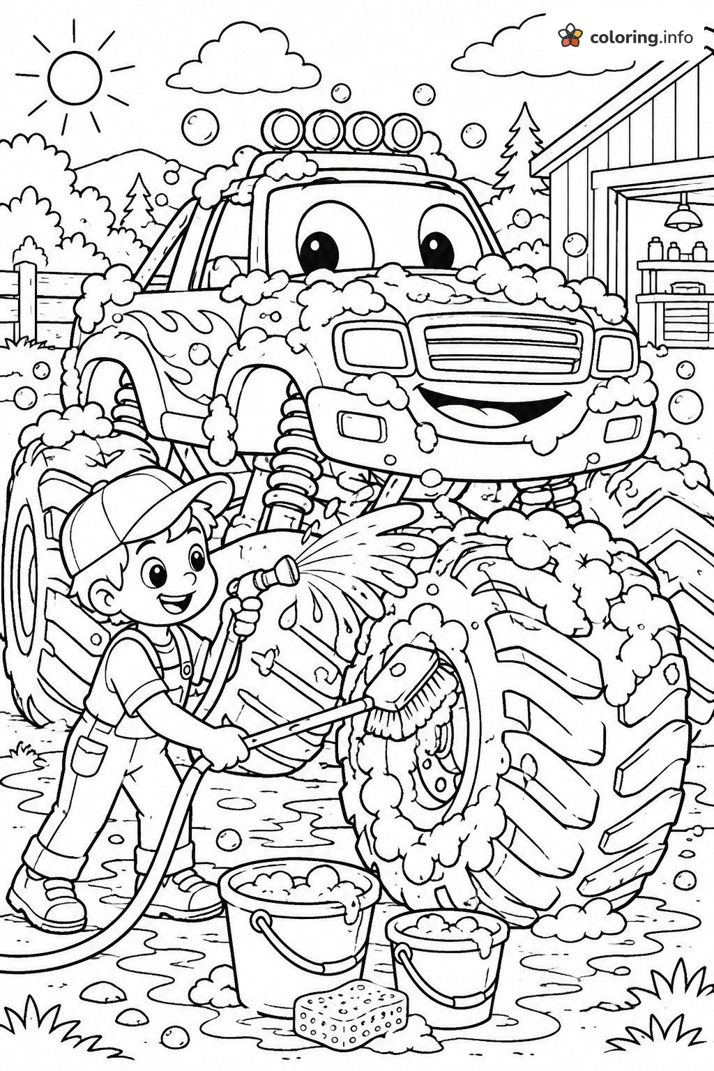 Boy Giving a Monster Truck a Soapy Wash printable coloring page Boy Giving a Monster Truck a Soapy Wash printable coloring page
