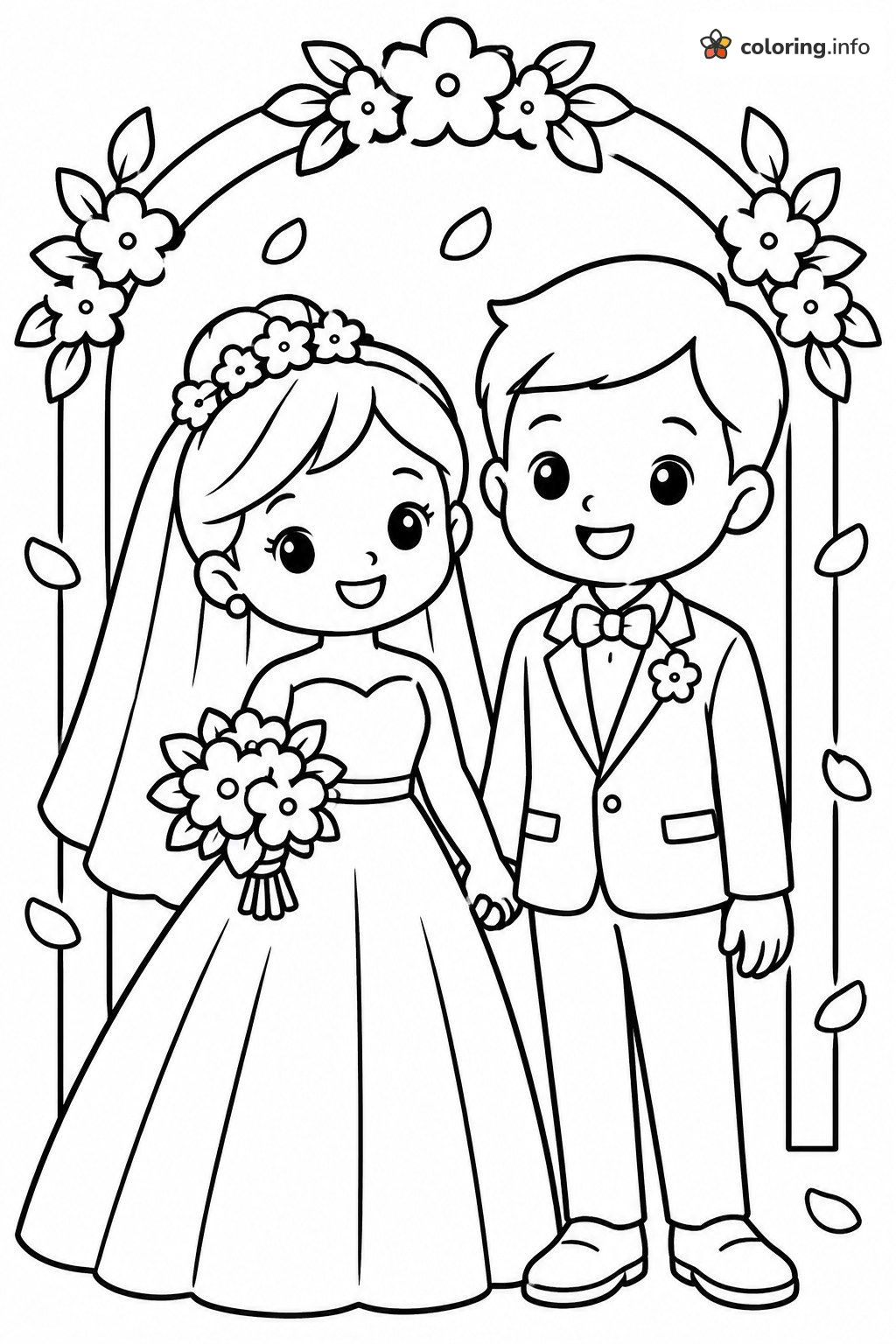Bride and Groom Holding Hands Under a Wedding Flower Arch coloring sheet Bride and Groom Holding Hands Under a Wedding Flower Arch coloring sheet