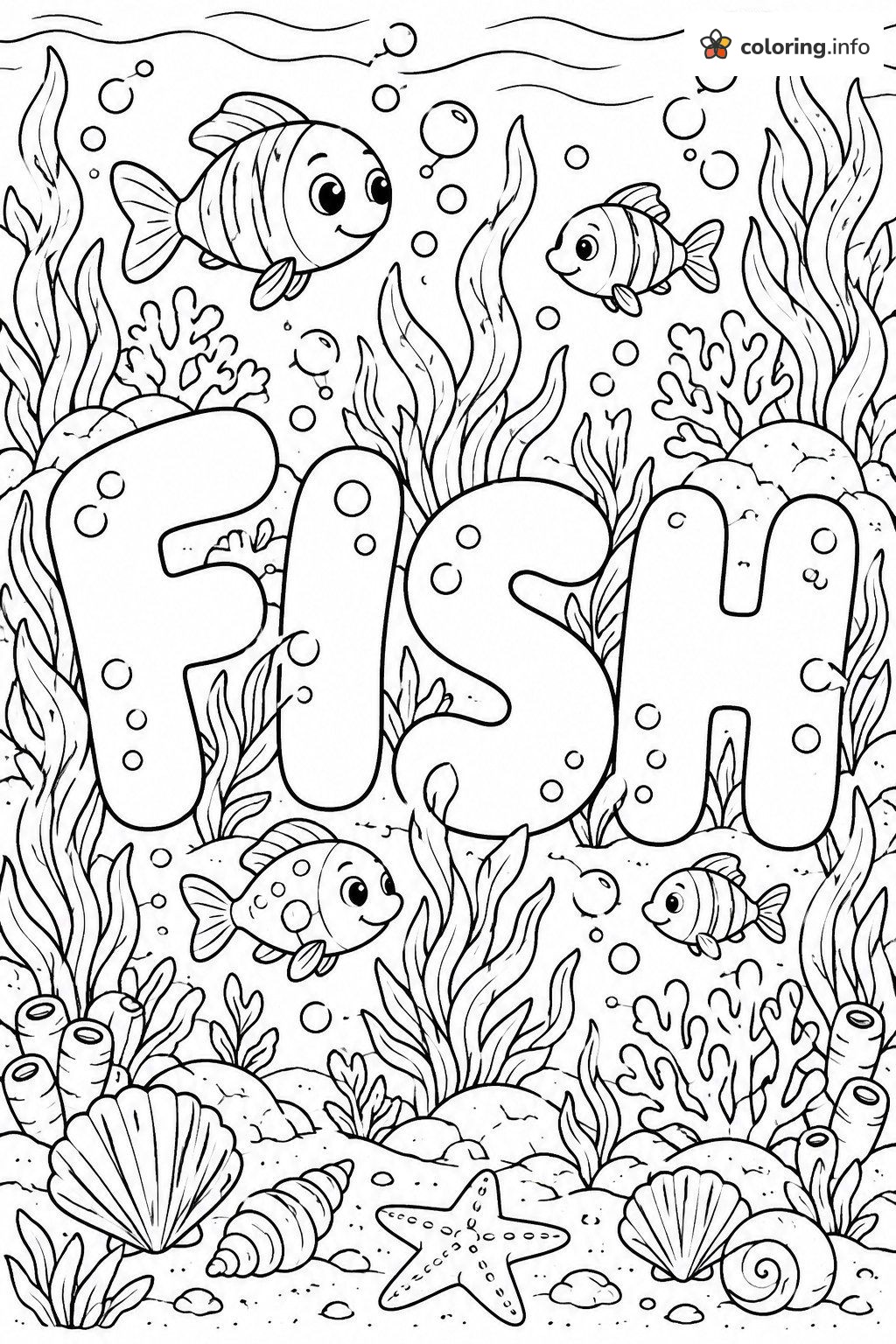 Underwater FISH Spelled in Bubble Letters coloring page Underwater FISH Spelled in Bubble Letters coloring page