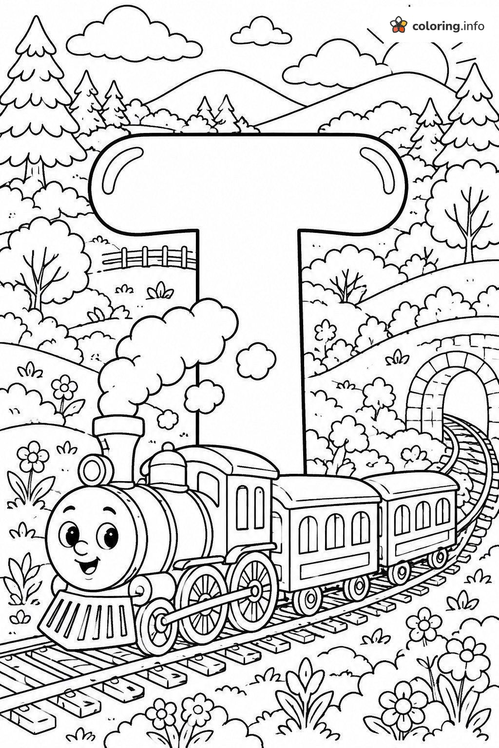 Steam Train Chugging Past Bubble Letter T coloring page Steam Train Chugging Past Bubble Letter T coloring page