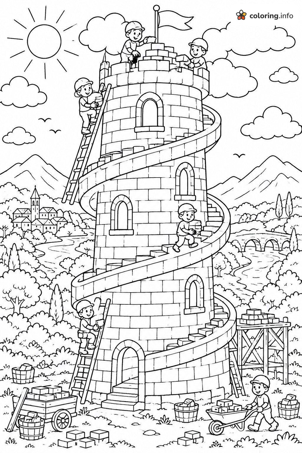 Tall Stone Tower Builders, Jesus / Bible Printable printable coloring page Tall Stone Tower Builders, Jesus / Bible Printable printable coloring page