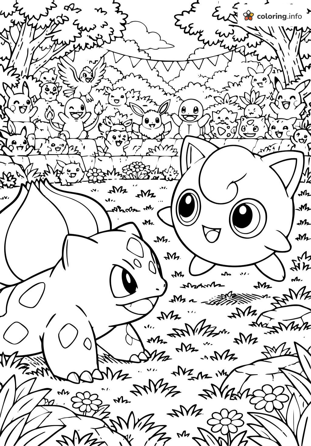 Jigglypuff Meets Bulbasaur While Pokémon Cheer in the Forest coloring sheet Jigglypuff Meets Bulbasaur While Pokémon Cheer in the Forest coloring sheet