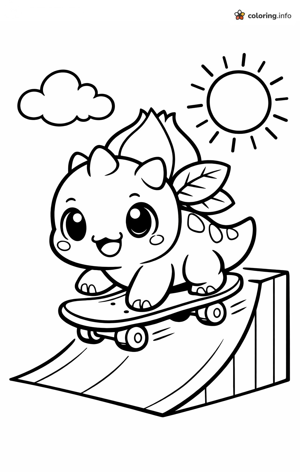 Skateboarding Bulbasaur Rolling Down a Wooden Ramp coloring sheet Skateboarding Bulbasaur Rolling Down a Wooden Ramp coloring sheet