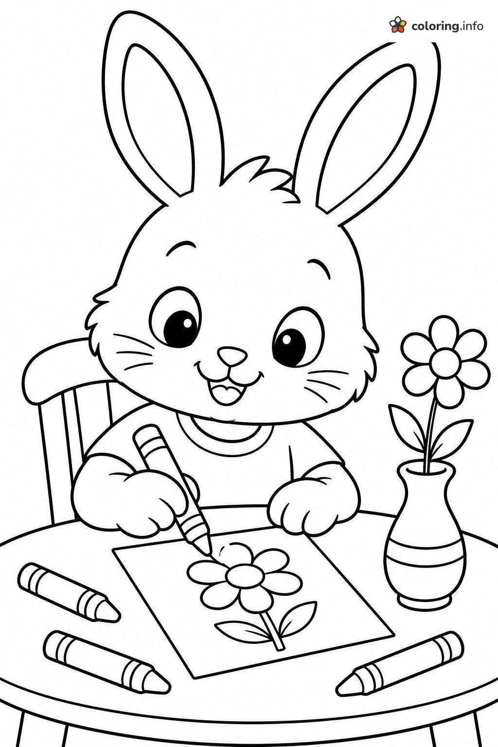 Bunny Drawing a Flower at the Table for Thank You Cards coloring page Bunny Drawing a Flower at the Table for Thank You Cards coloring page