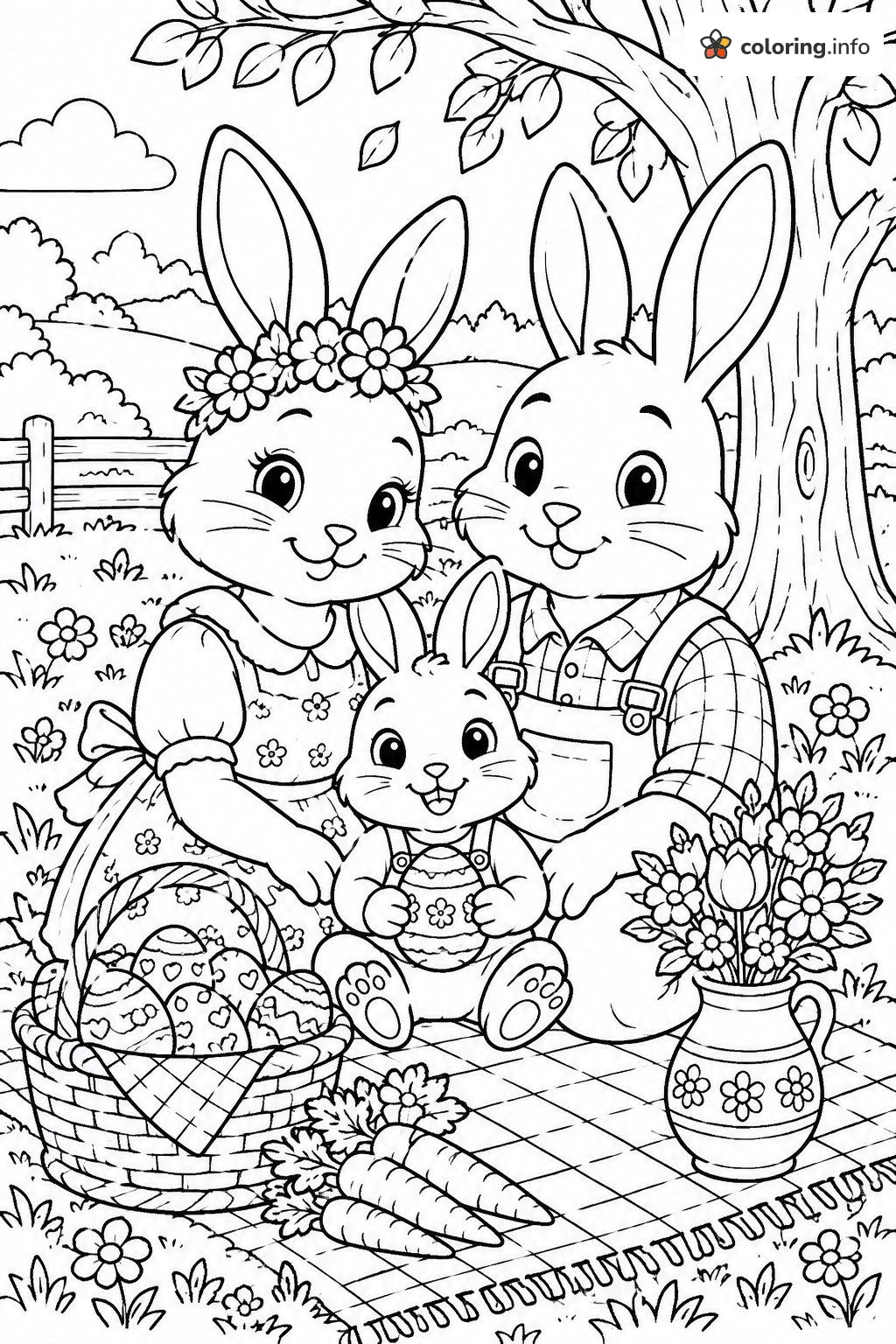 Bunny Family Picnic Under a Tree for Easter for Kids coloring page Bunny Family Picnic Under a Tree for Easter for Kids coloring page