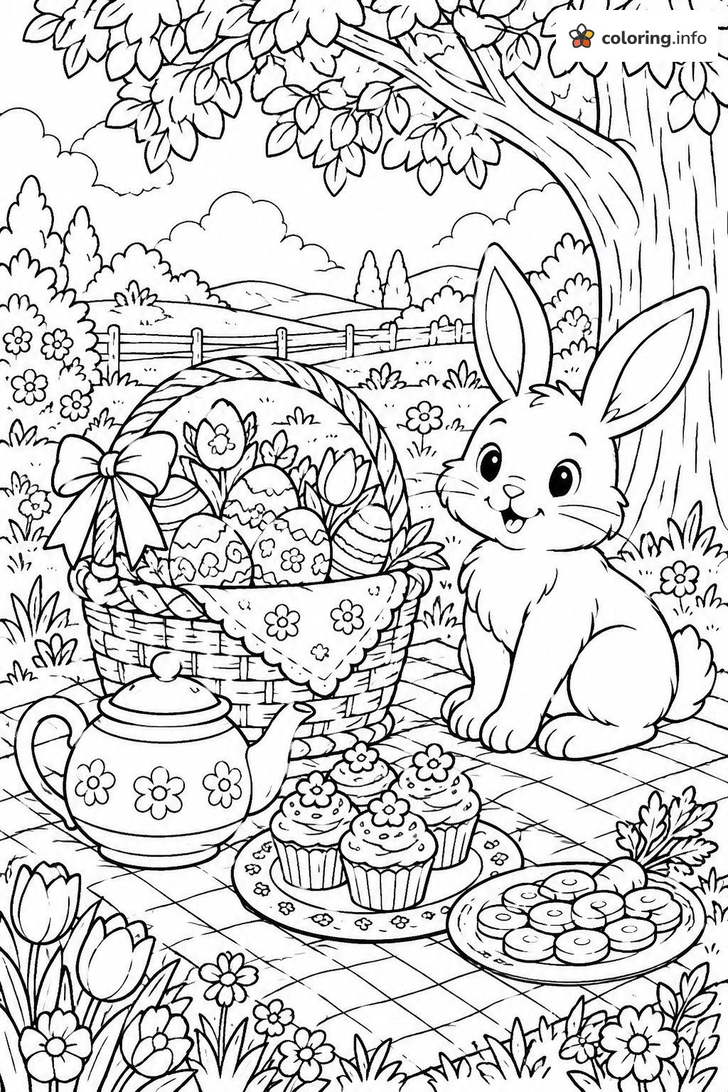Picnic Blanket Bunny and Easter Basket with Cupcakes coloring page Picnic Blanket Bunny and Easter Basket with Cupcakes coloring page