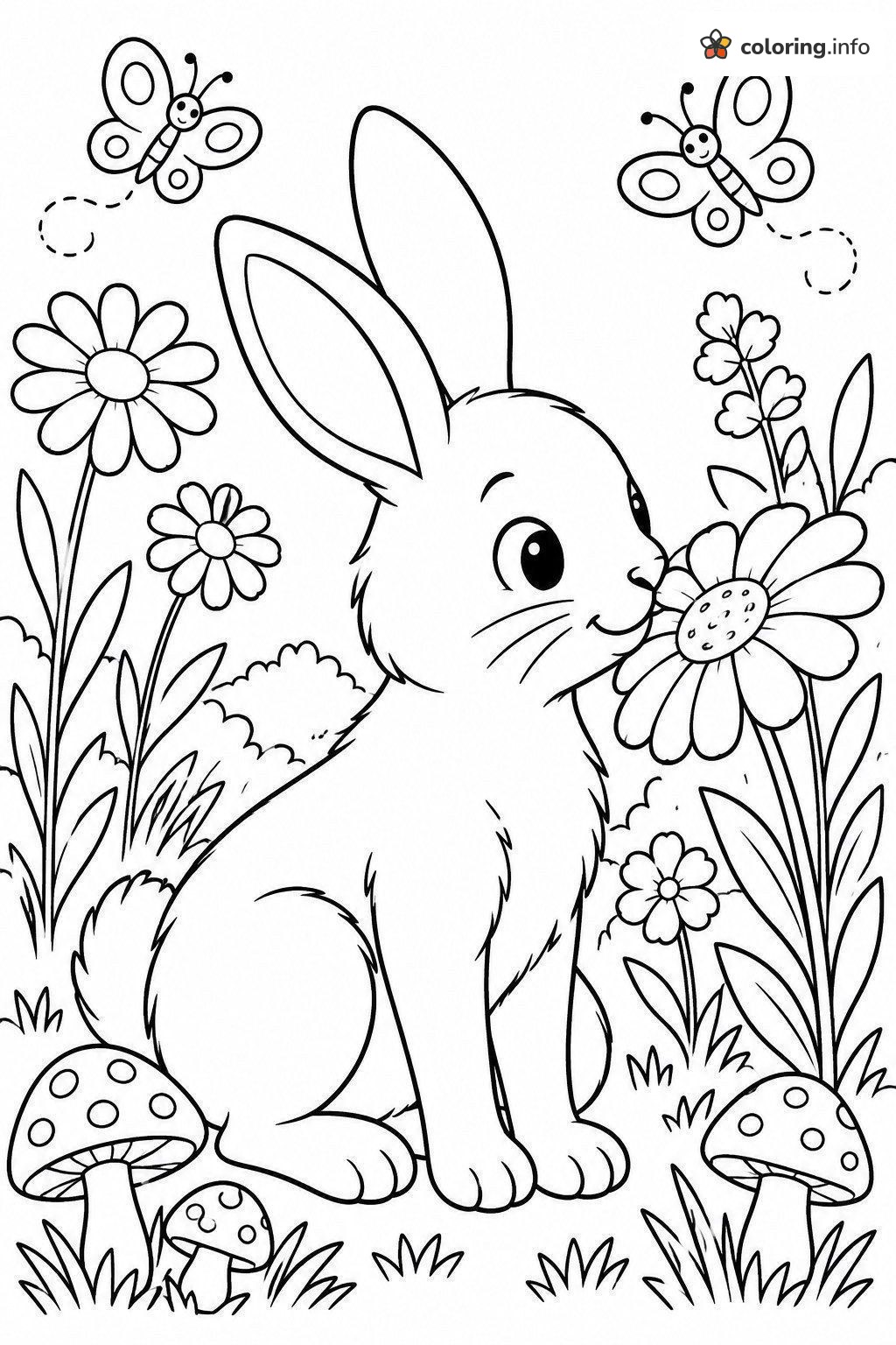 Bunny Smelling a Big Daisy Flower With Butterflies printable coloring page Bunny Smelling a Big Daisy Flower With Butterflies printable coloring page