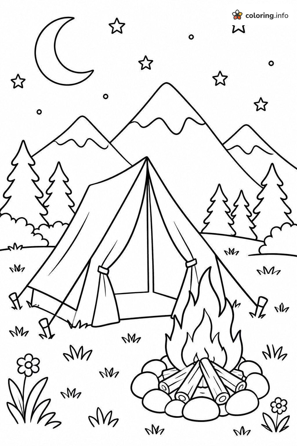 Tent and Campfire Beneath Mountains at Night coloring page Tent and Campfire Beneath Mountains at Night coloring page