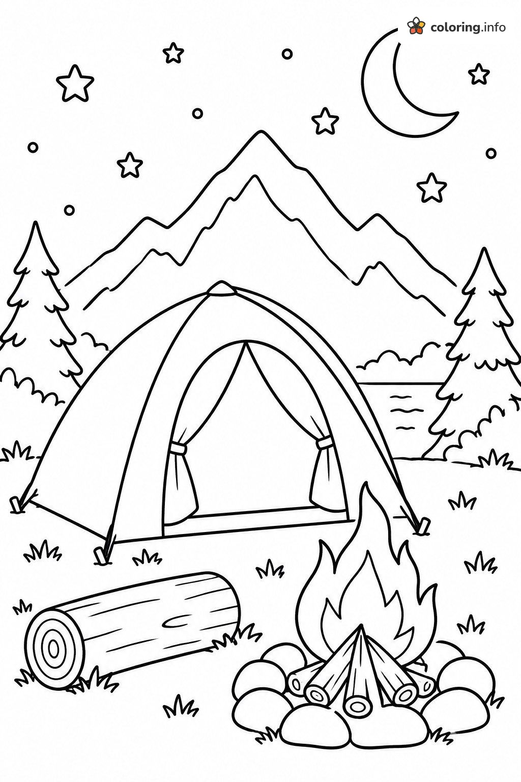 Night Sky Camping Scene with Tent, Fire and Mountains coloring sheet Night Sky Camping Scene with Tent, Fire and Mountains coloring sheet