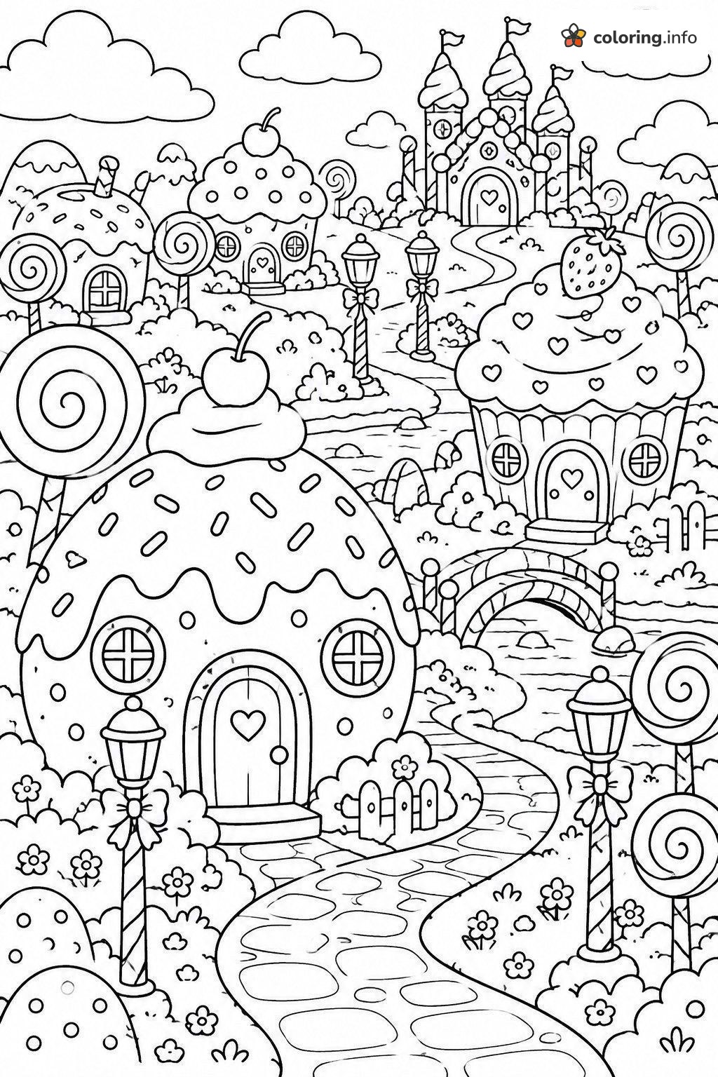 Sweet Candy Village With a Donut House and Cupcake Cottages printable coloring page Sweet Candy Village With a Donut House and Cupcake Cottages printable coloring page