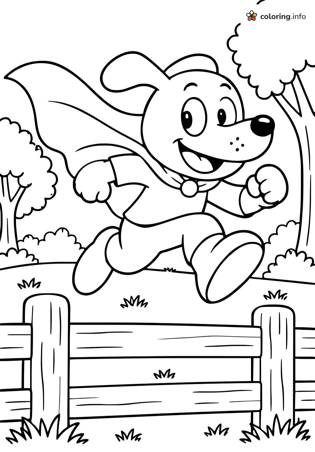Caped Dog Man Jumping a Wooden Fence printable coloring page Caped Dog Man Jumping a Wooden Fence printable coloring page