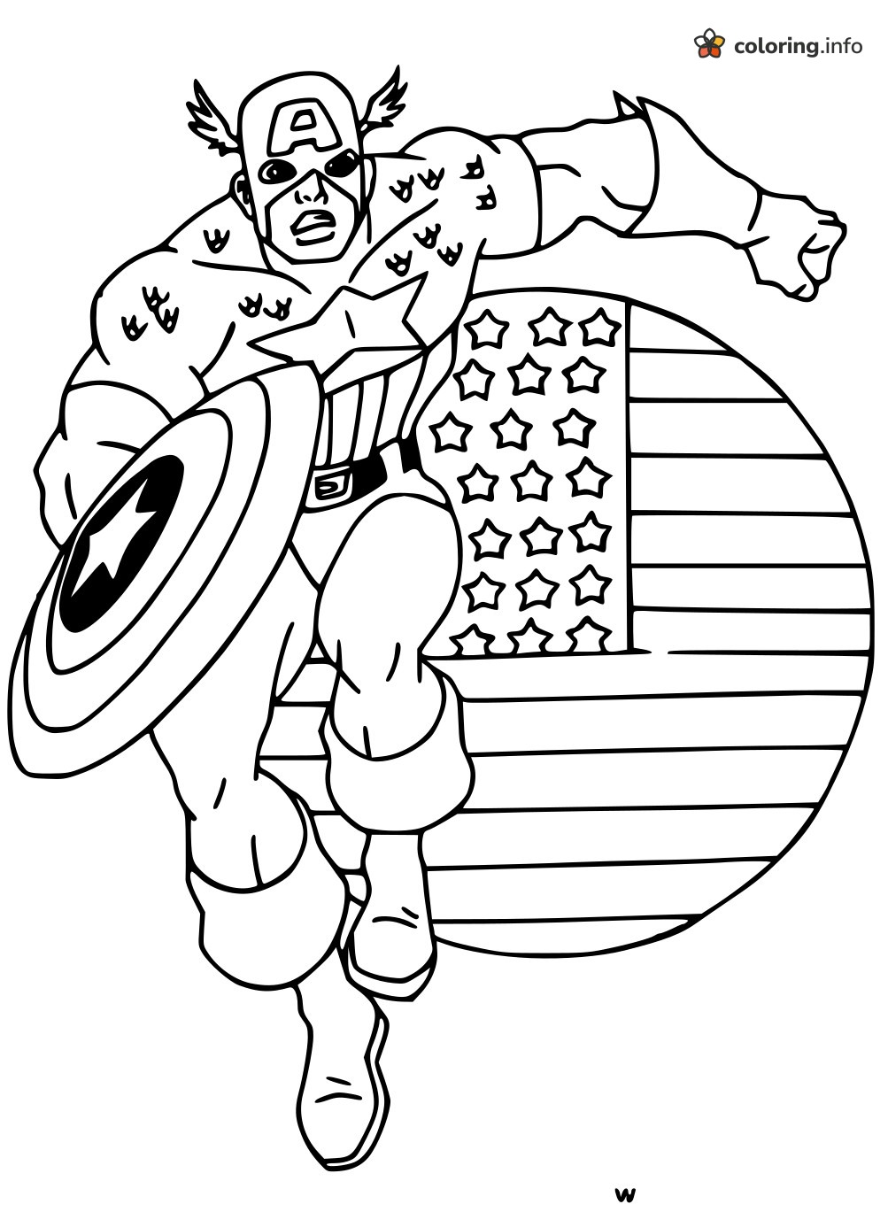 Flag Circle Behind a Leaping Captain America printable coloring page Flag Circle Behind a Leaping Captain America printable coloring page