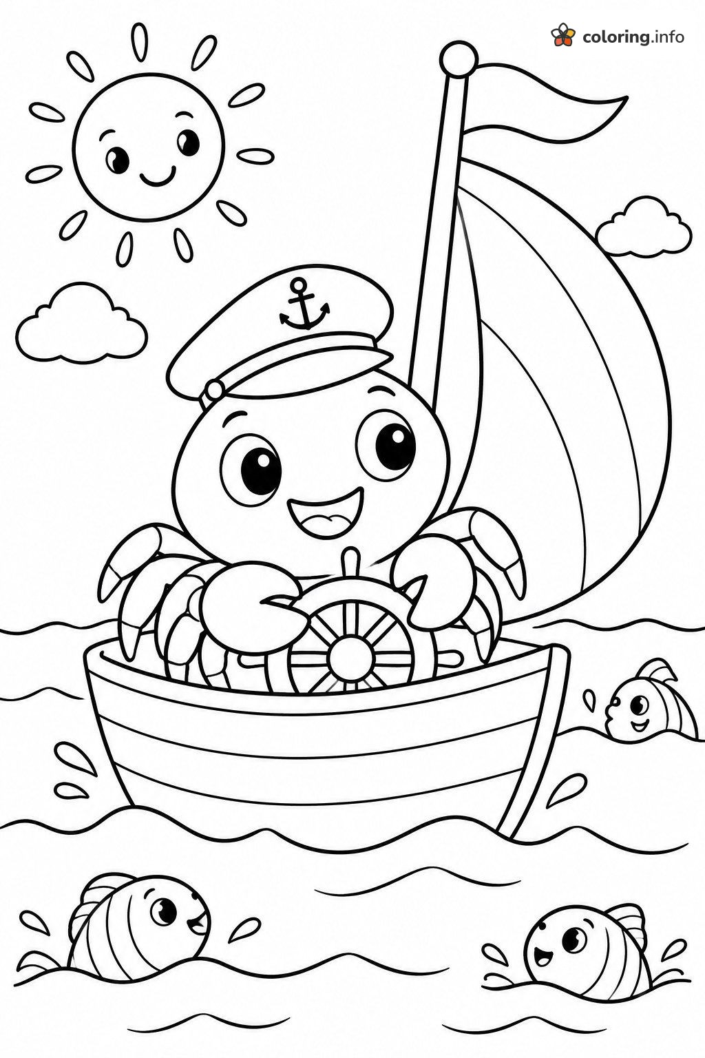 Captain Crab at the Wheel of a Sailboat coloring page Captain Crab at the Wheel of a Sailboat coloring page