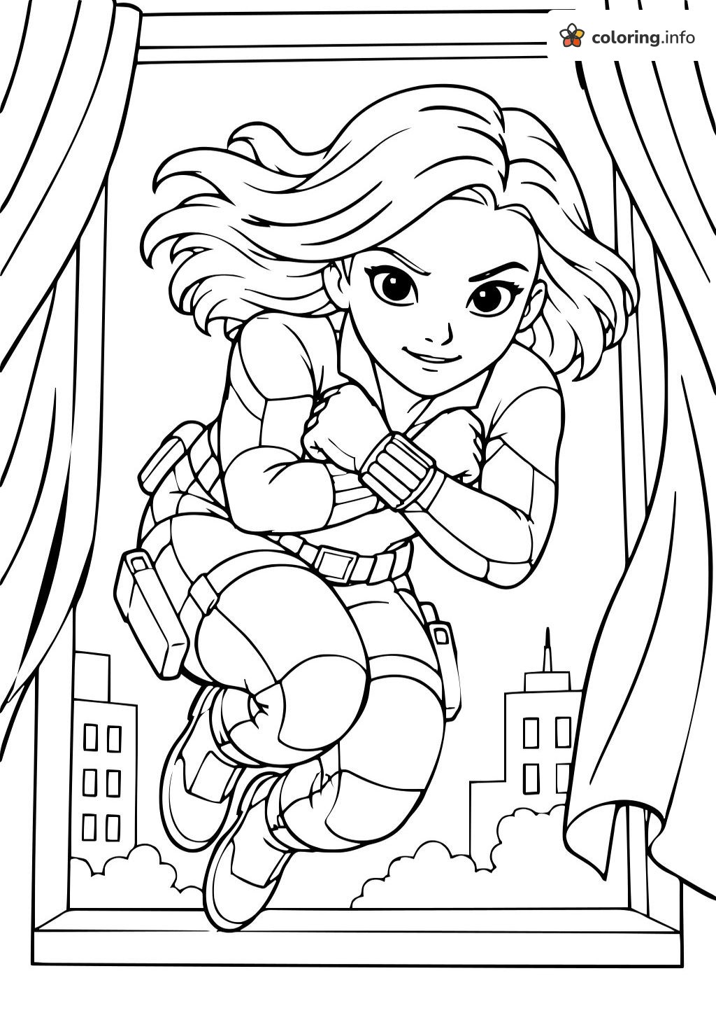 Window Leap Heroine in Black Widow Style With Curtains printable coloring page Window Leap Heroine in Black Widow Style With Curtains printable coloring page