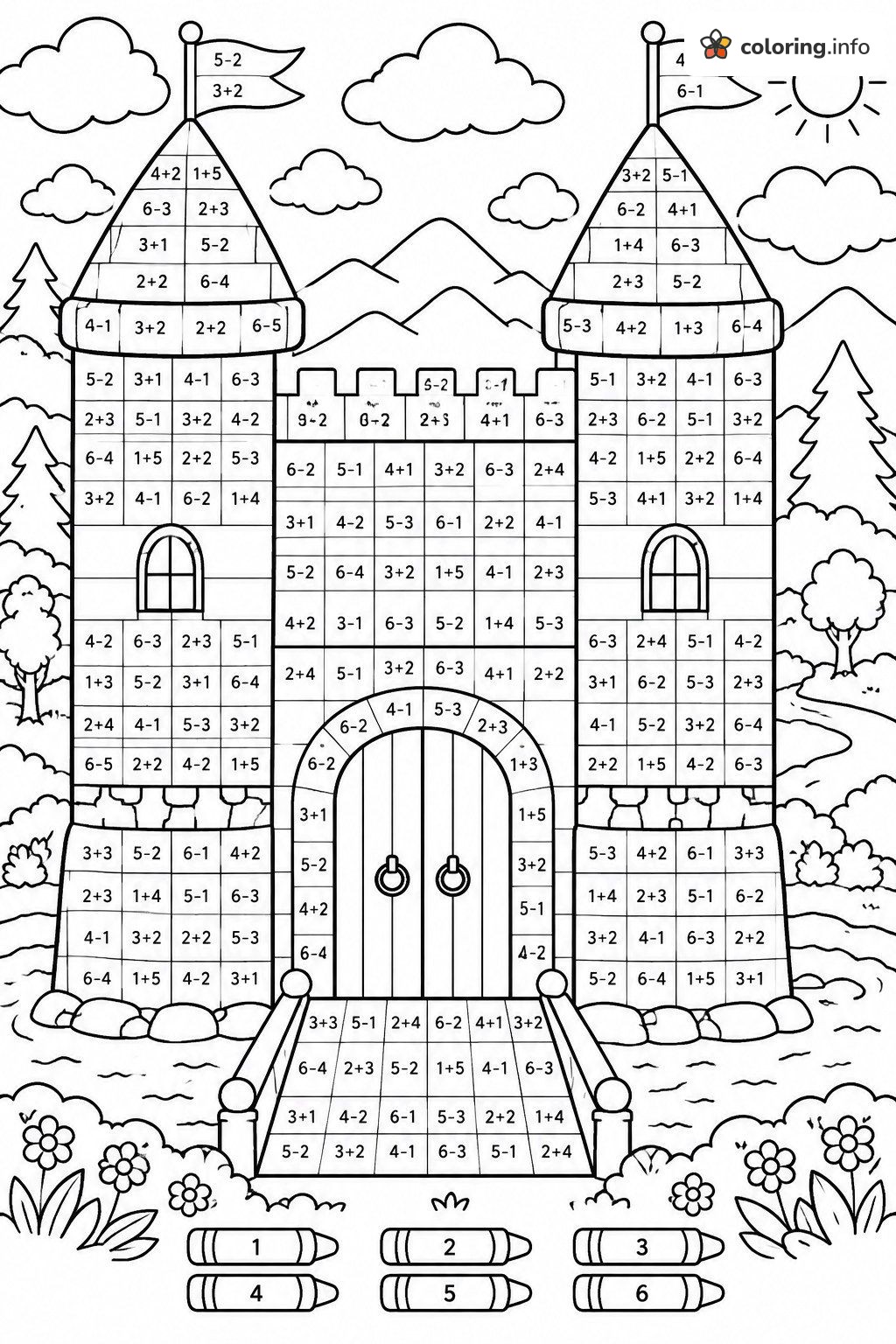 Castle Math Pixel Art with Addition and Subtraction Bricks coloring page Castle Math Pixel Art with Addition and Subtraction Bricks coloring page