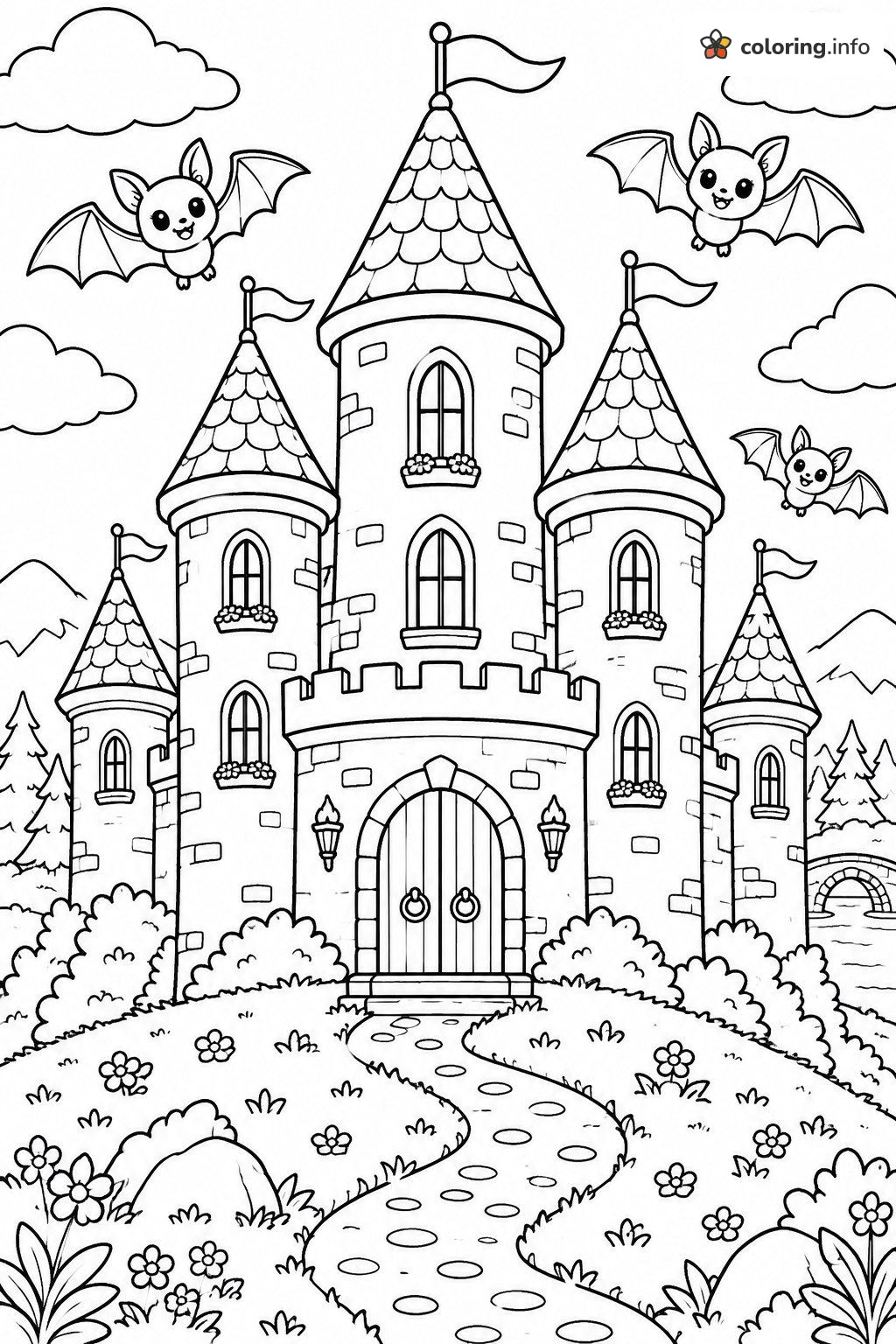 Vampire Castle With Three Flying Bats coloring page Vampire Castle With Three Flying Bats coloring page