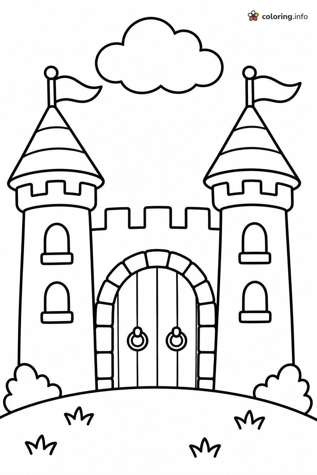 Twin-Tower Castle with Flags and a Big Wooden Door coloring page Twin-Tower Castle with Flags and a Big Wooden Door coloring page