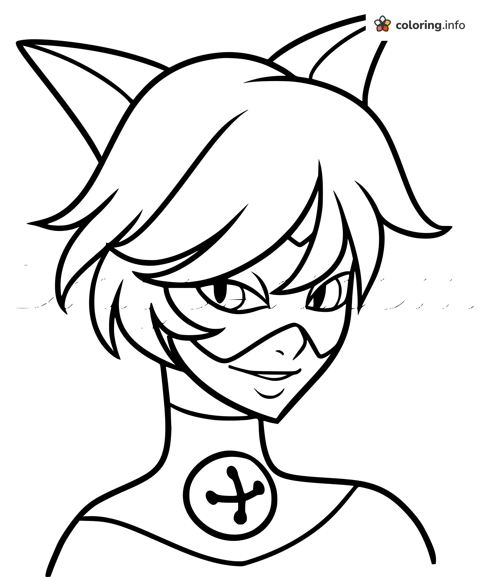 Smirking Cat Noir Portrait with Pointed Ears, Miraculous Ladybug coloring page Smirking Cat Noir Portrait with Pointed Ears, Miraculous Ladybug coloring page