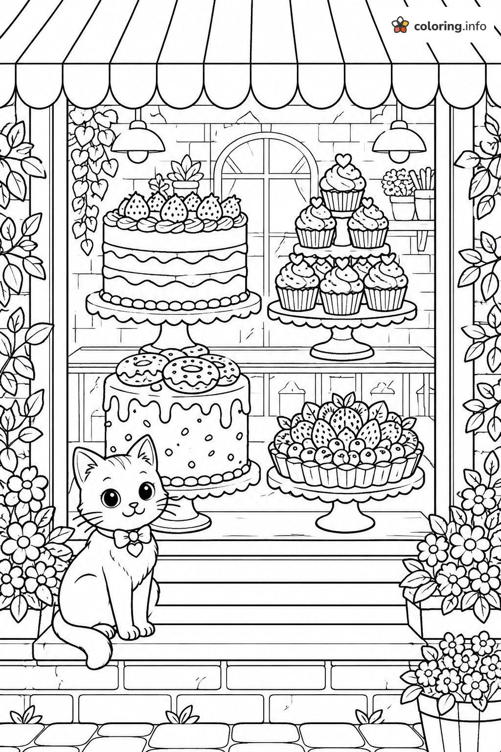 Bakery Window Cat Watching Cakes and Cupcakes coloring page Bakery Window Cat Watching Cakes and Cupcakes coloring page
