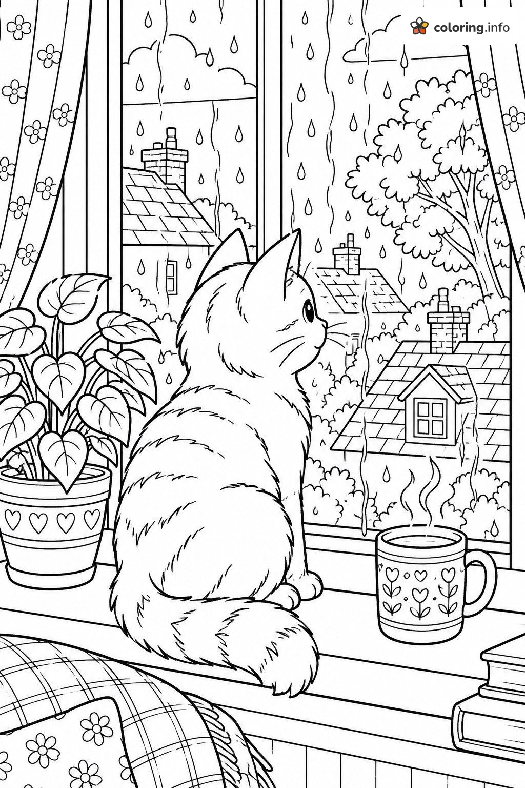 Rainy Day Cat Gazing Out a Cozy Window coloring sheet Rainy Day Cat Gazing Out a Cozy Window coloring sheet