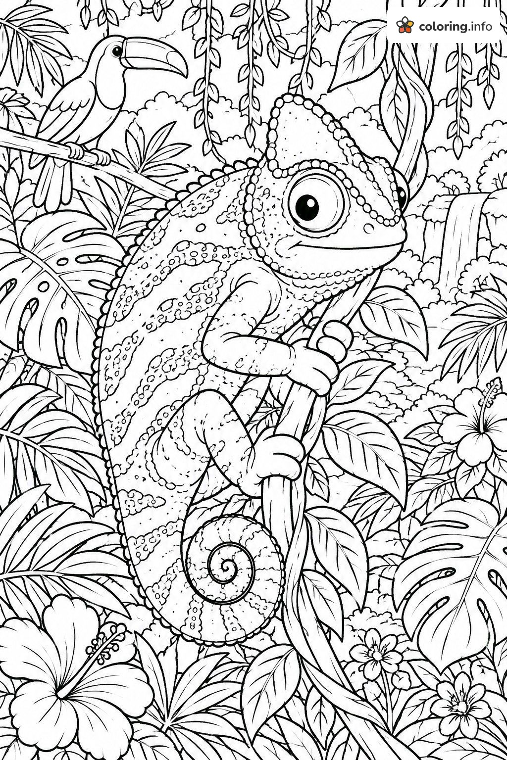 Rainforest Chameleon on a Vine with a Toucan coloring sheet Rainforest Chameleon on a Vine with a Toucan coloring sheet
