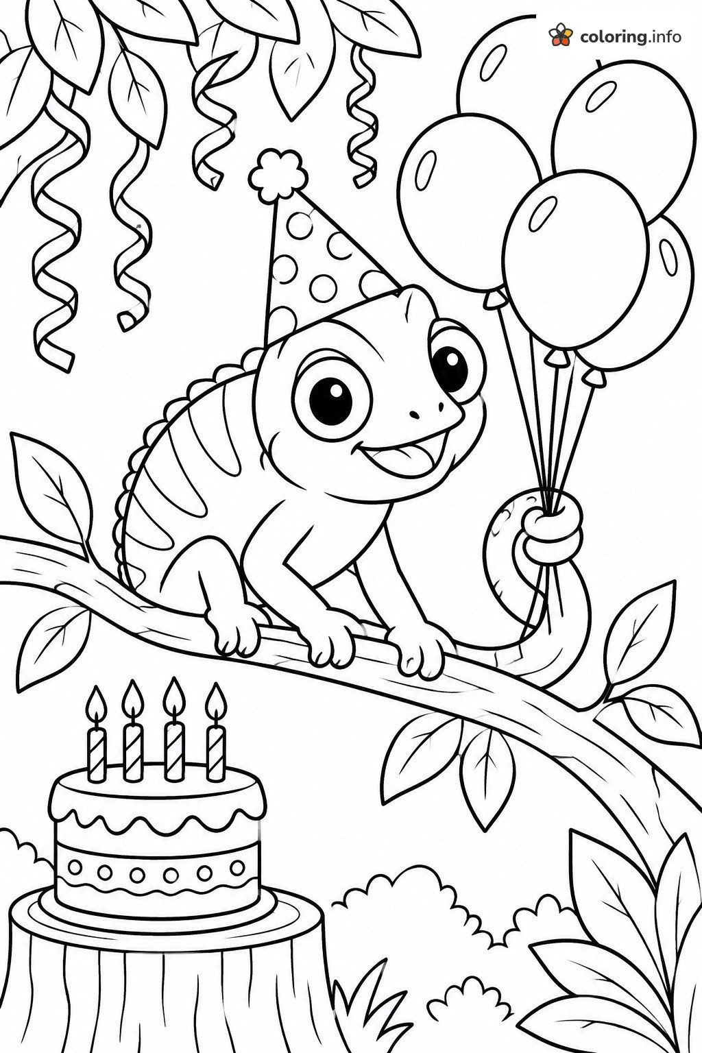 Birthday Party Chameleon with Balloons and Cake coloring sheet Birthday Party Chameleon with Balloons and Cake coloring sheet