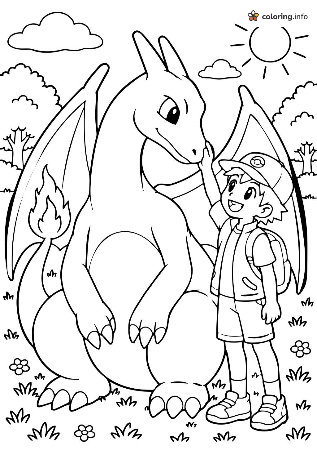 Boy Petting a Friendly Charizard in the Meadow coloring page Boy Petting a Friendly Charizard in the Meadow coloring page