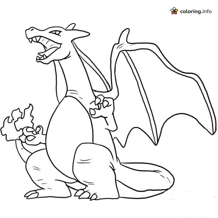 Sitting Charizard With a Big Roar and One Wing coloring page Sitting Charizard With a Big Roar and One Wing coloring page