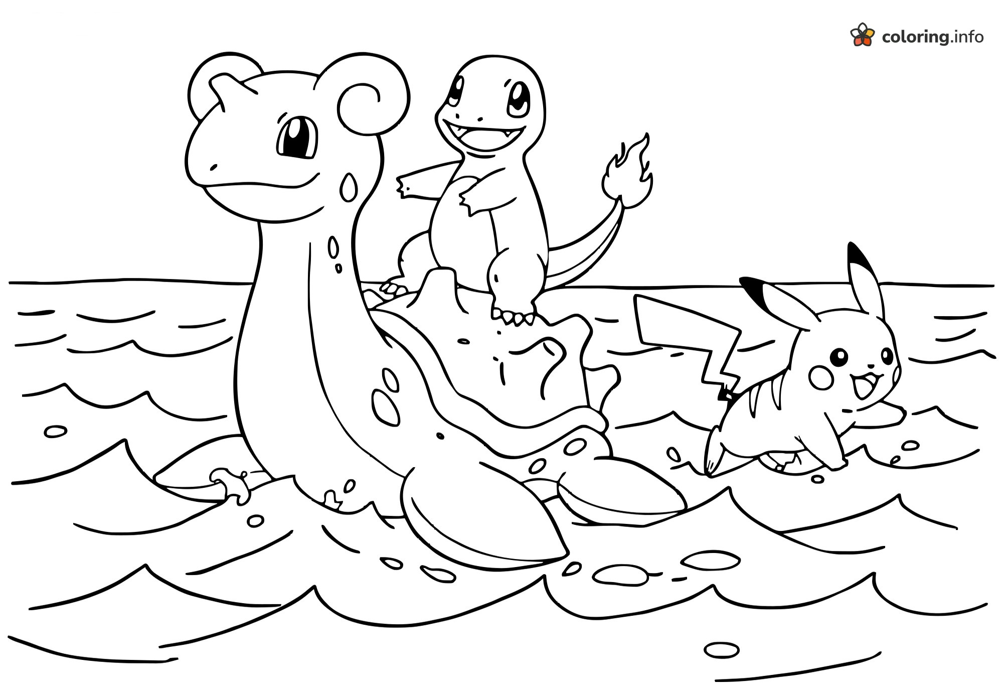 Lapras Ocean Ride With Charmander and Pikachu coloring sheet Lapras Ocean Ride With Charmander and Pikachu coloring sheet