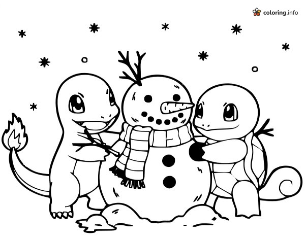 Snowman Building Day for Charmander and Squirtle coloring page Snowman Building Day for Charmander and Squirtle coloring page