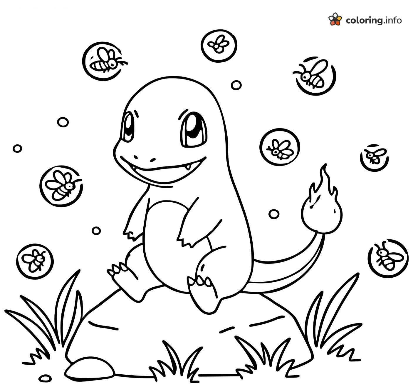 Firefly Night With Charmander on a Rock printable coloring page Firefly Night With Charmander on a Rock printable coloring page