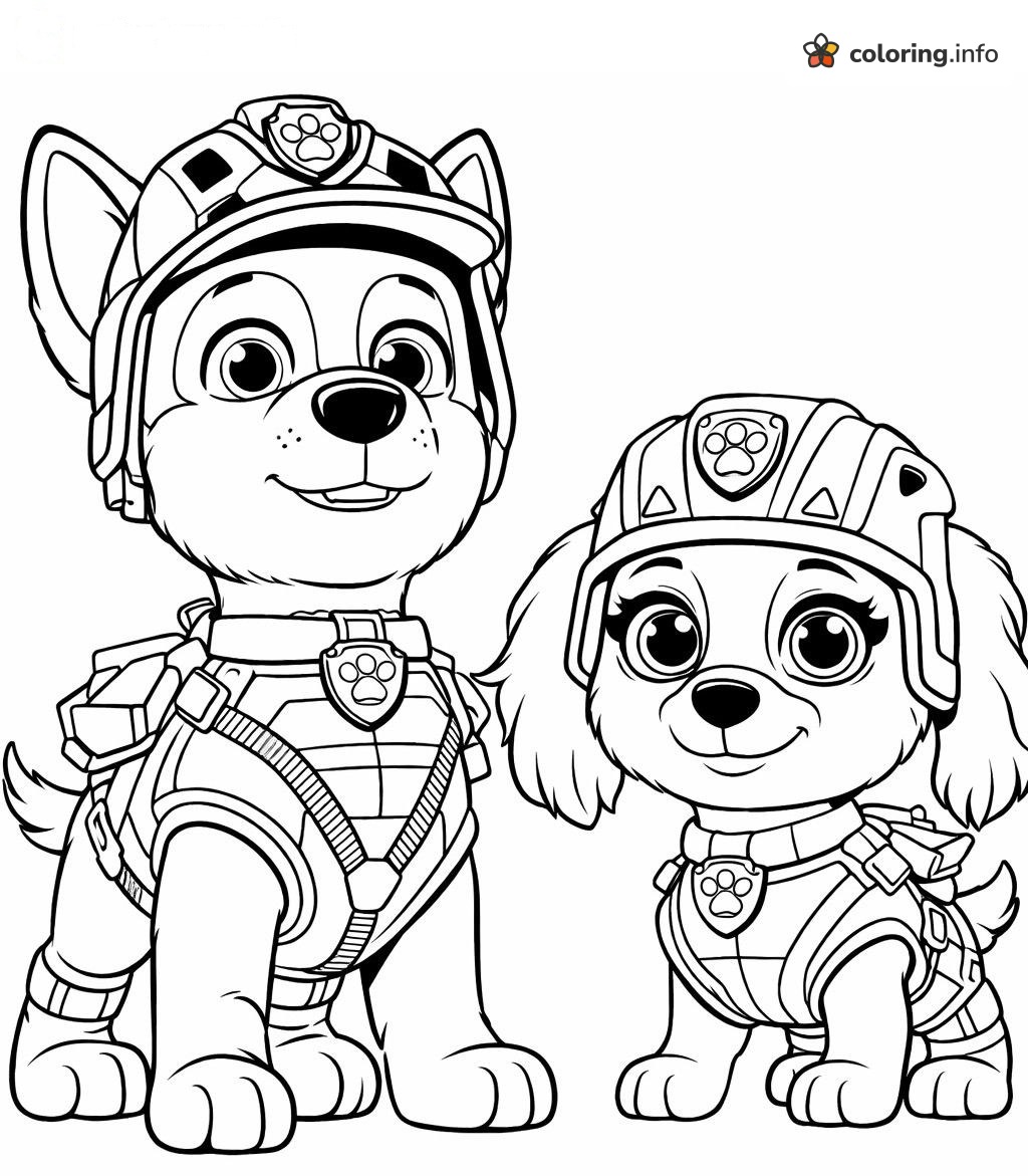 Skye and Chase Standing Together, Helmeted PAW Patrol Pups coloring page Skye and Chase Standing Together, Helmeted PAW Patrol Pups coloring page