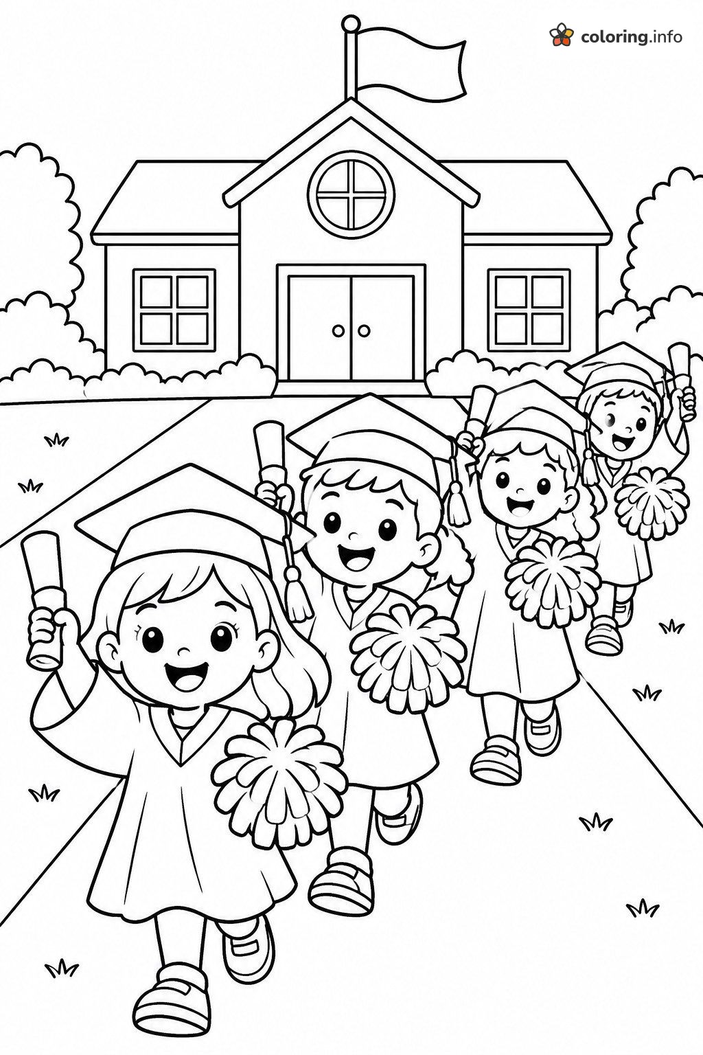 Graduation Parade with Pom-Poms Past the Schoolhouse printable coloring page Graduation Parade with Pom-Poms Past the Schoolhouse printable coloring page