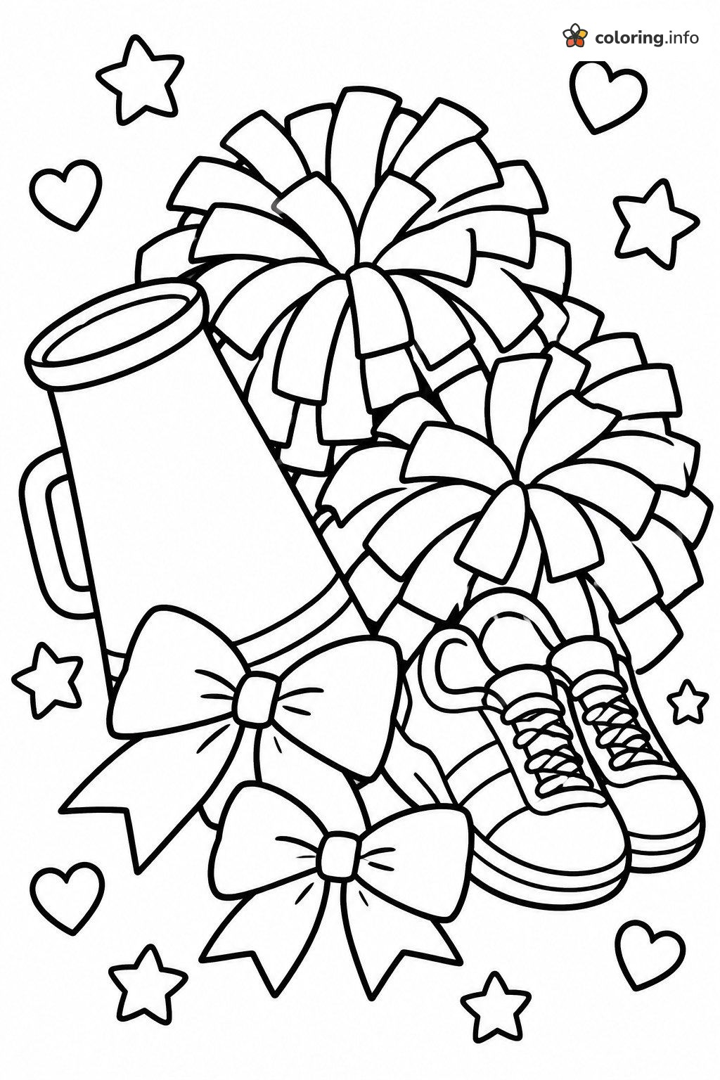 Cheer Gear Collage: Cheerleading Pom-Poms, Megaphone and Bows printable coloring page Cheer Gear Collage: Cheerleading Pom-Poms, Megaphone and Bows printable coloring page