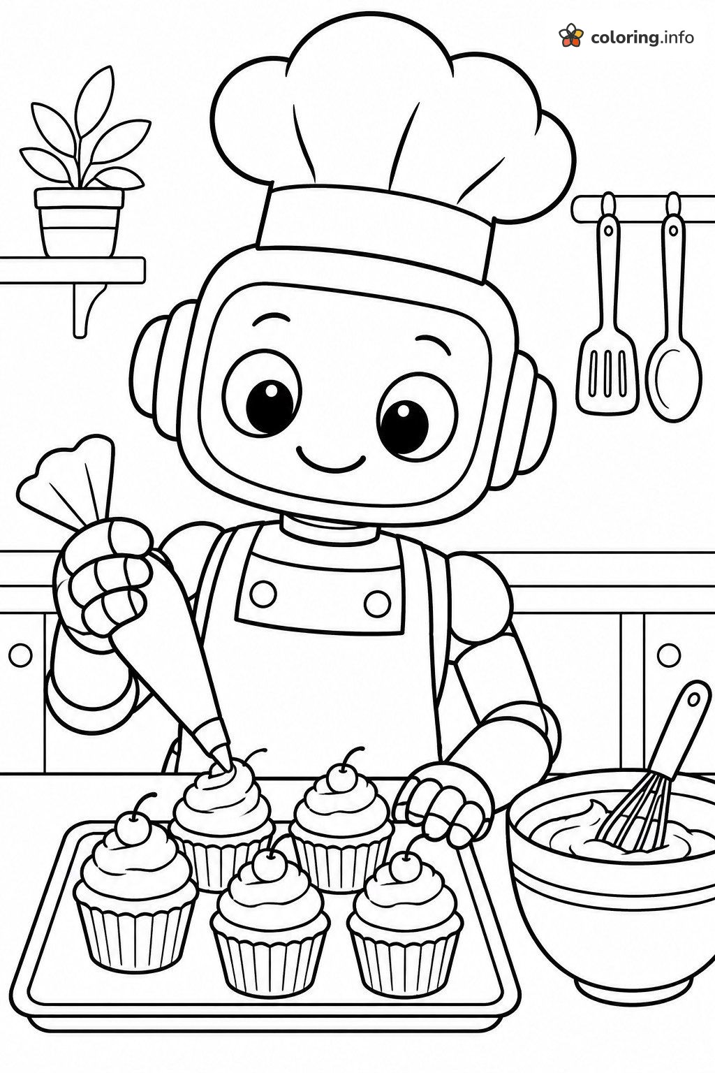 Cupcake Decorating with a Chef Robot coloring page Cupcake Decorating with a Chef Robot coloring page