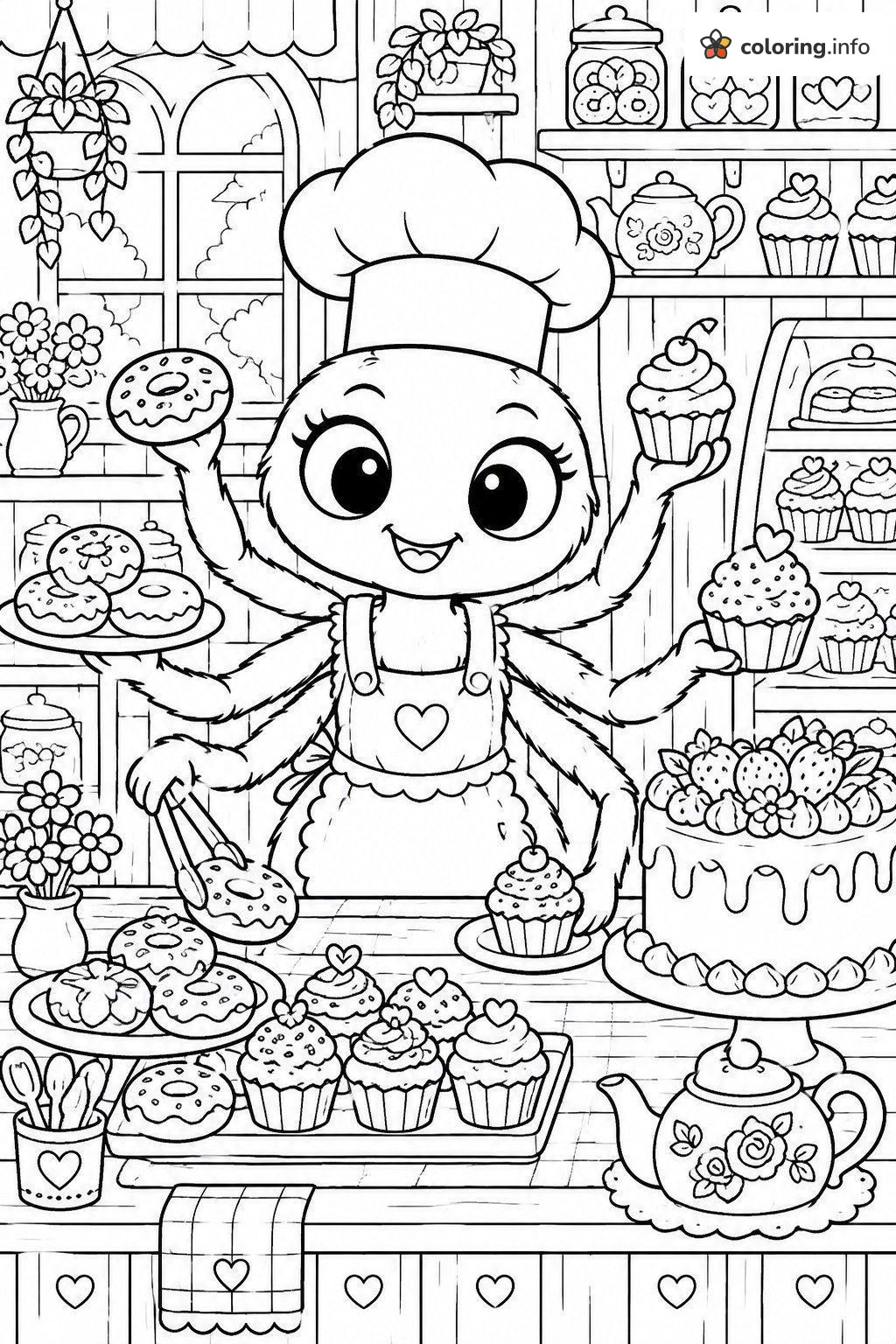 Spider Chef Bakery Scene with Cupcakes, Undertale Style coloring sheet Spider Chef Bakery Scene with Cupcakes, Undertale Style coloring sheet