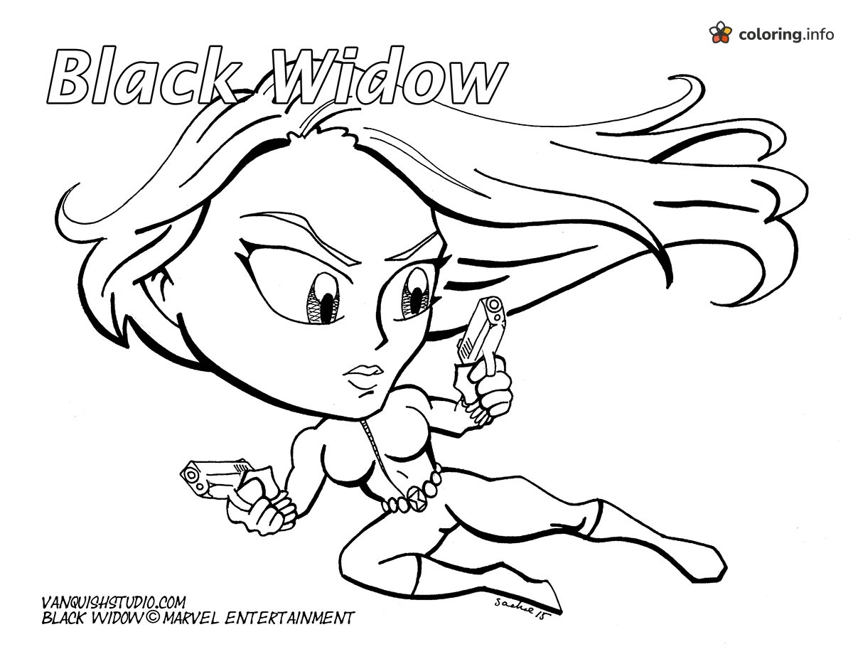 Two-Pistol Leap by a Chibi Black Widow coloring page Two-Pistol Leap by a Chibi Black Widow coloring page