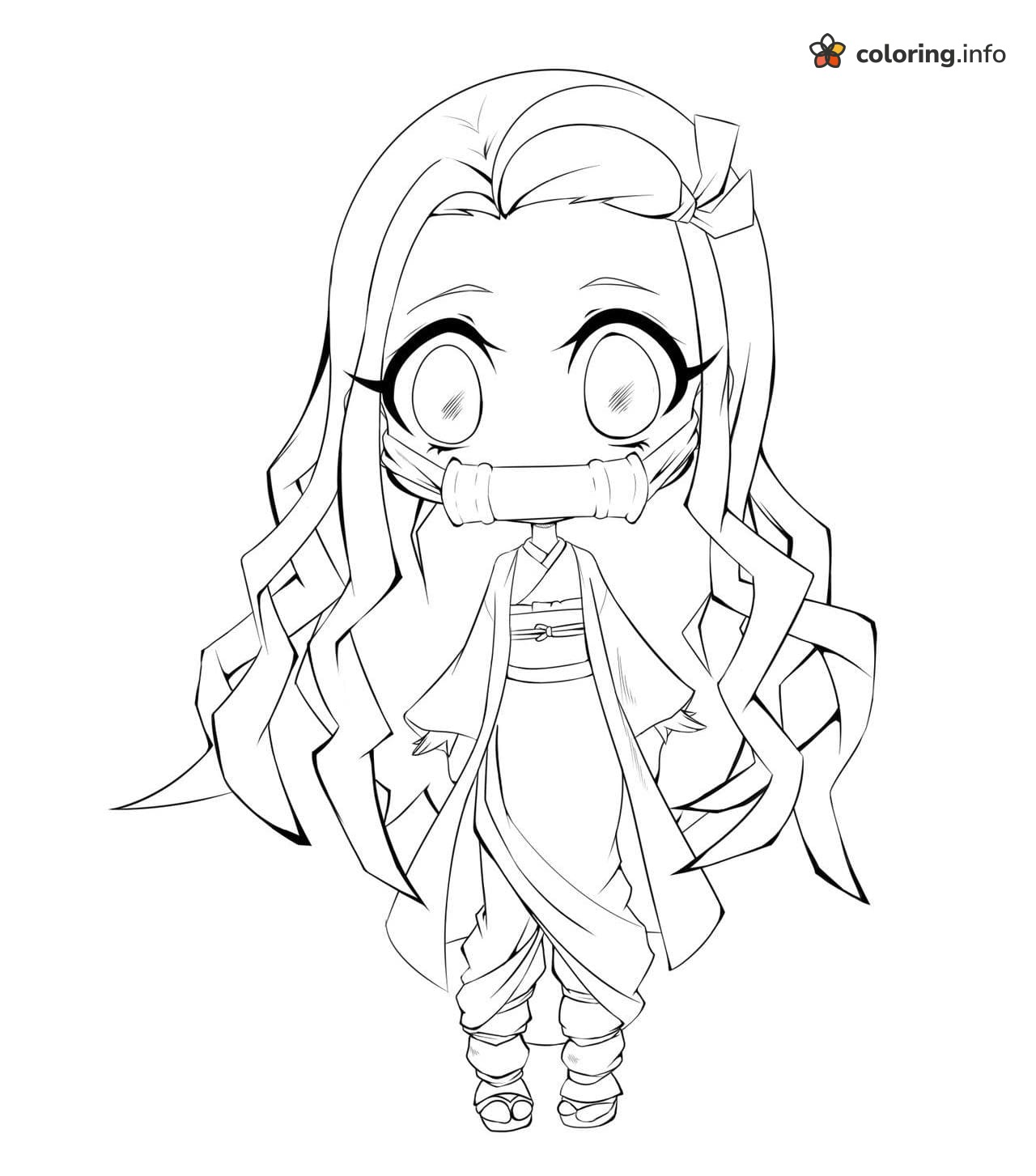 Little Chibi Nezuko with Long Flowing Hair, Demon Slayer Coloring Sheet Little Chibi Nezuko with Long Flowing Hair, Demon Slayer Coloring Sheet