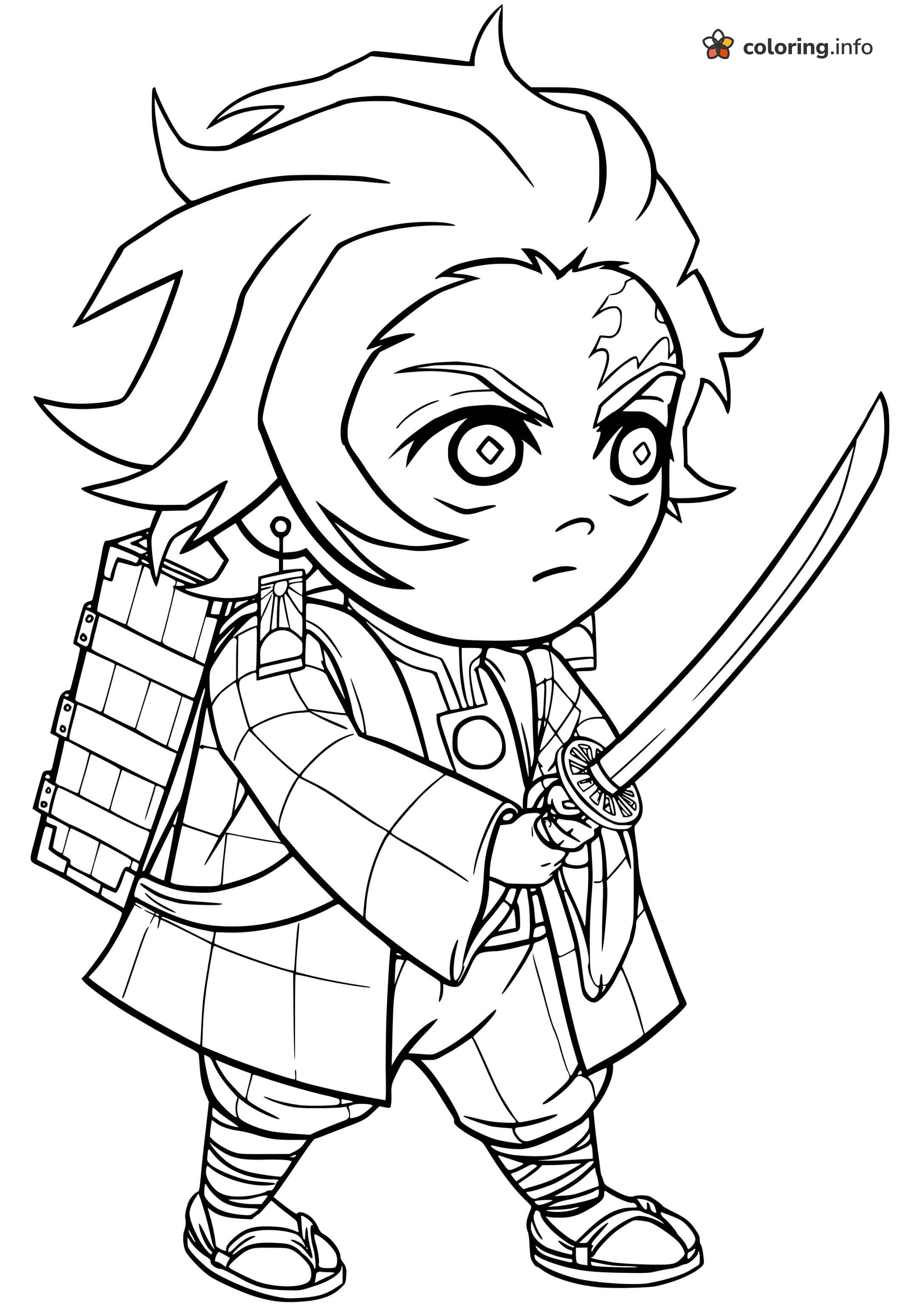 Chibi Tanjiro with Sword and Box, Demon Slayer Printable coloring sheet Chibi Tanjiro with Sword and Box, Demon Slayer Printable coloring sheet