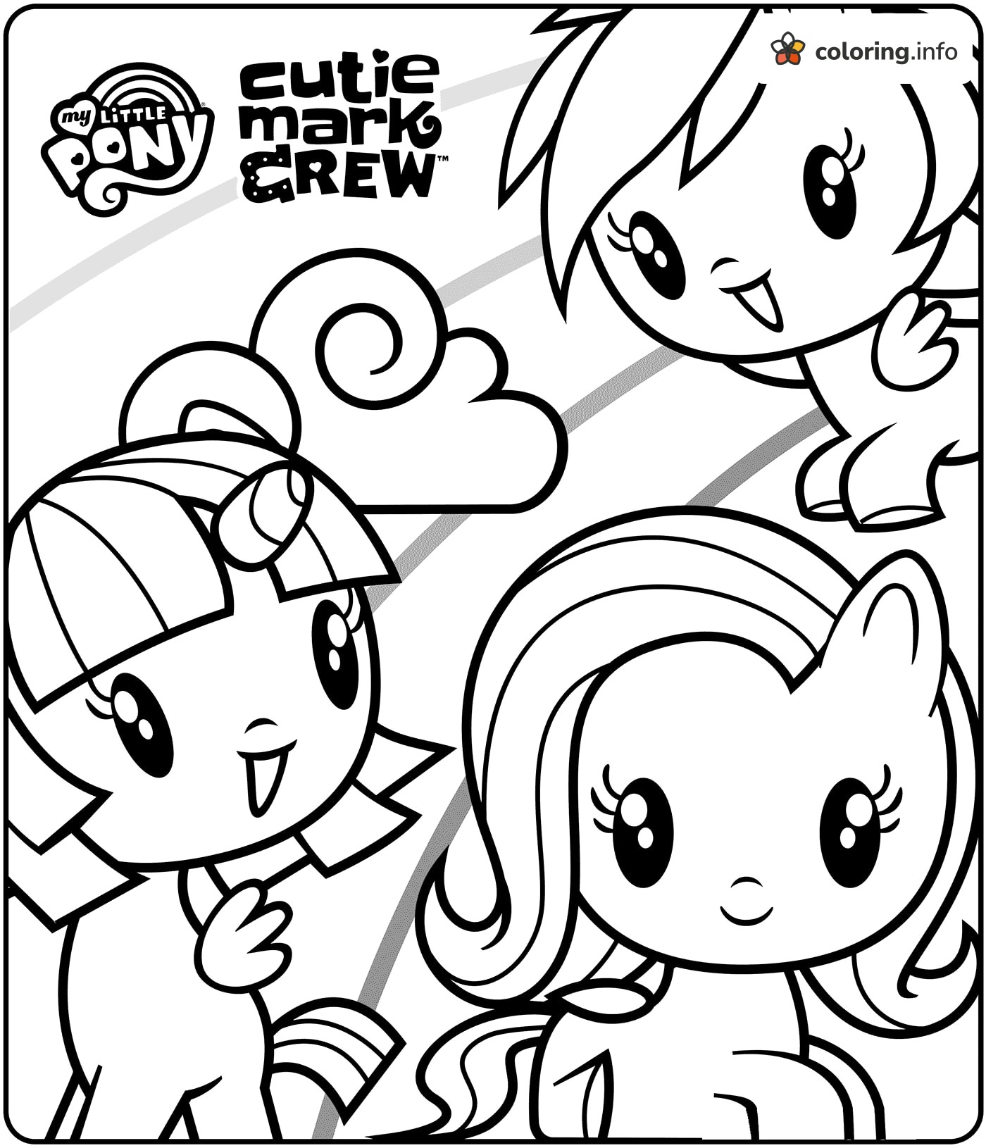 Twilight, Rainbow Dash and Fluttershy with Cloud, Cutie Mark Crew (MLP) coloring page Twilight, Rainbow Dash and Fluttershy with Cloud, Cutie Mark Crew (MLP) coloring page