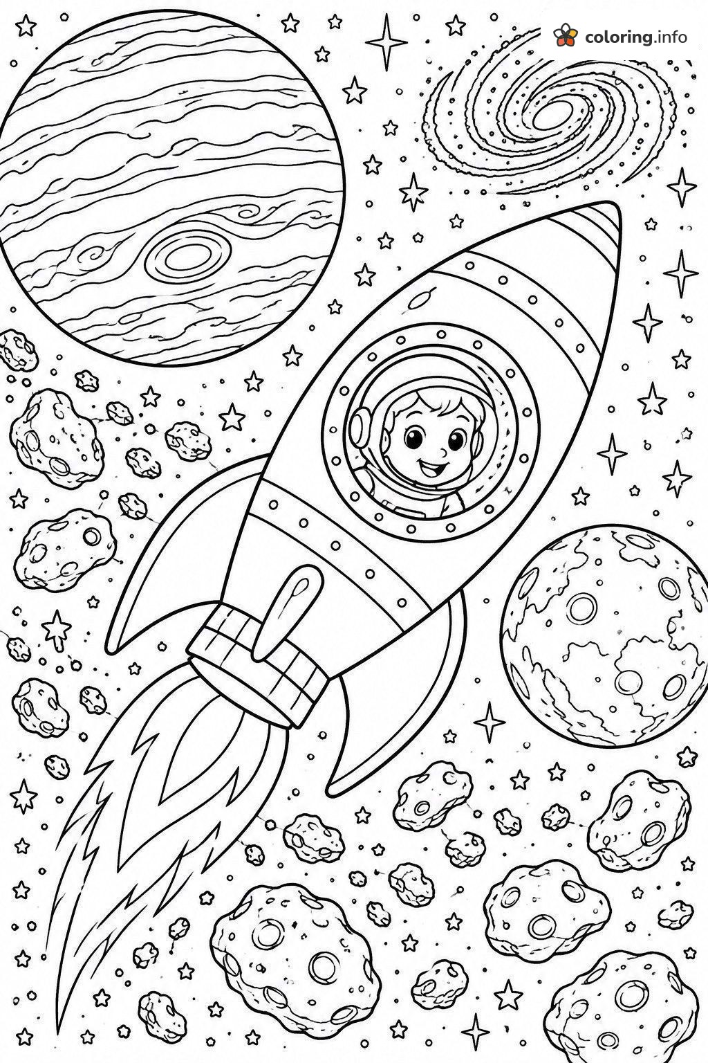 Rocket Ride Past Planets and Asteroids: Solar System & Space Printable coloring page Rocket Ride Past Planets and Asteroids: Solar System & Space Printable coloring page