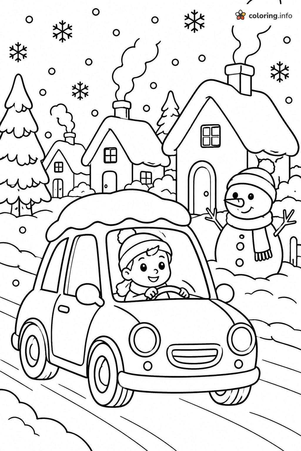 Snowy Day Car Ride Past a Snowman coloring page Snowy Day Car Ride Past a Snowman coloring page