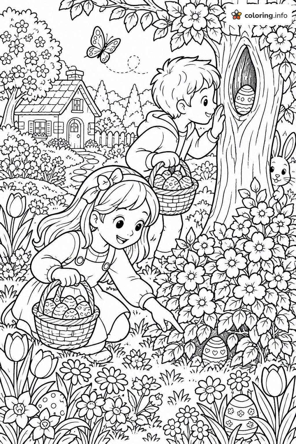 Children Hunting Easter Eggs in a Flower Garden coloring page Children Hunting Easter Eggs in a Flower Garden coloring page
