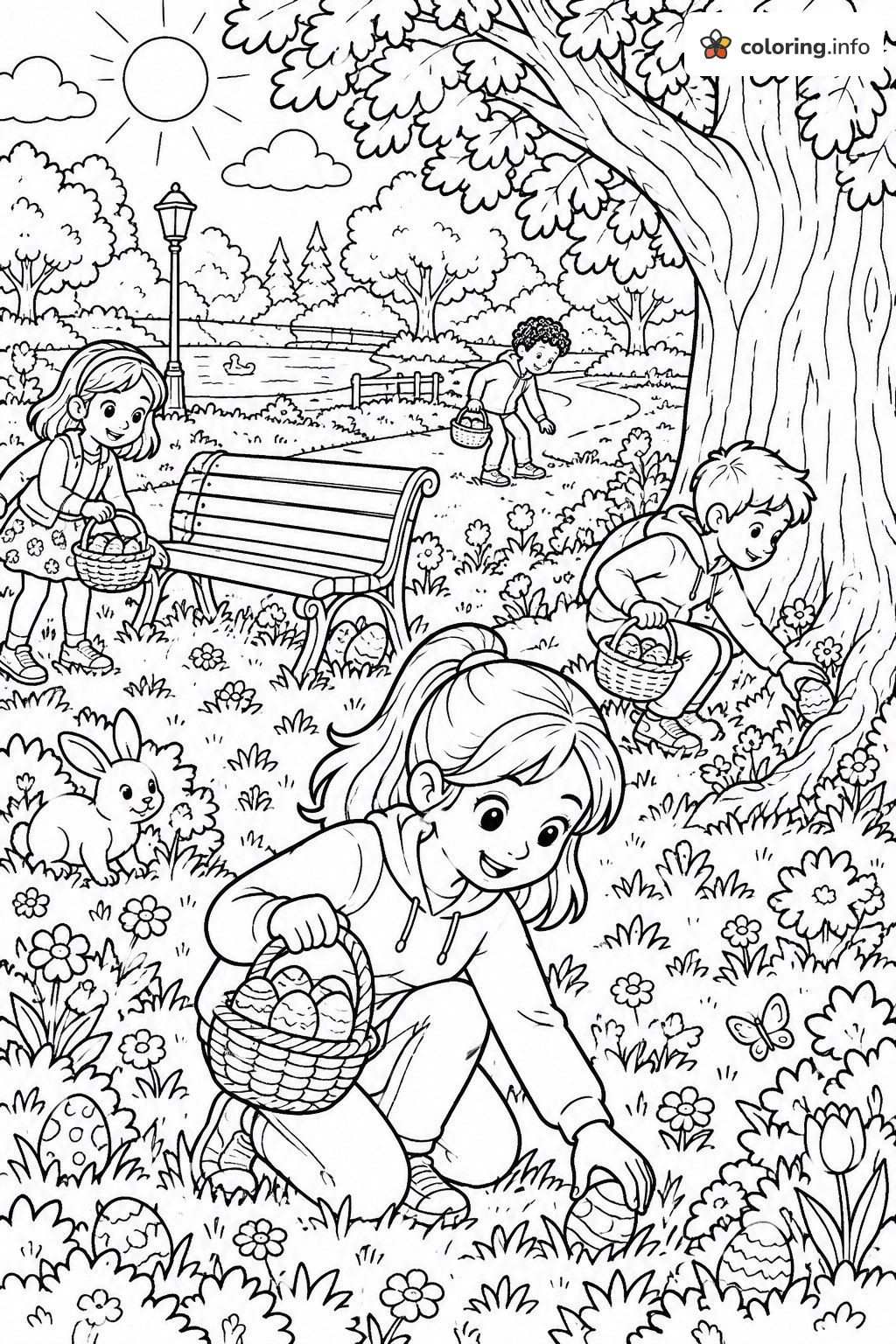 Park Easter Egg Hunt with Kids and Baskets coloring page Park Easter Egg Hunt with Kids and Baskets coloring page