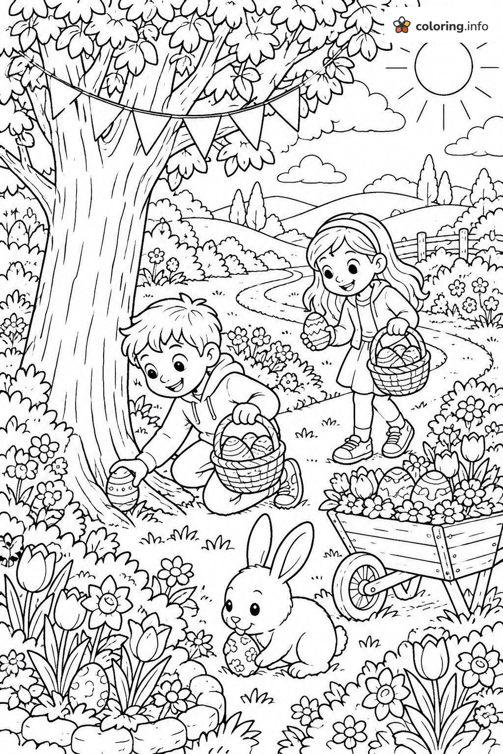 Under the Tree Easter Egg Hunt with a Bunny coloring page Under the Tree Easter Egg Hunt with a Bunny coloring page